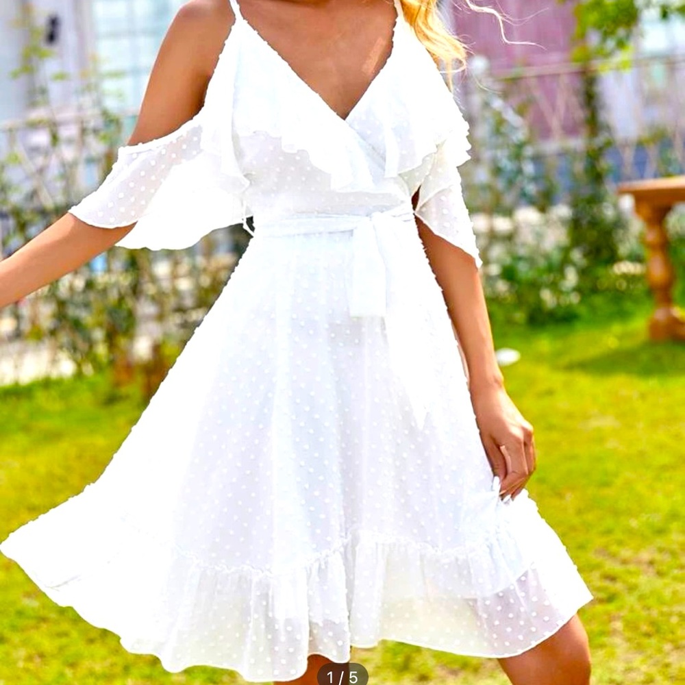 Swiss Dot Cold Shoulder Ruffle Hem Belted White Dress
